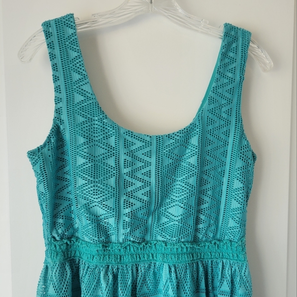 Teal Summer Crotchet Lace Eyelet Tank Mini Dress - Picture 2 of 7